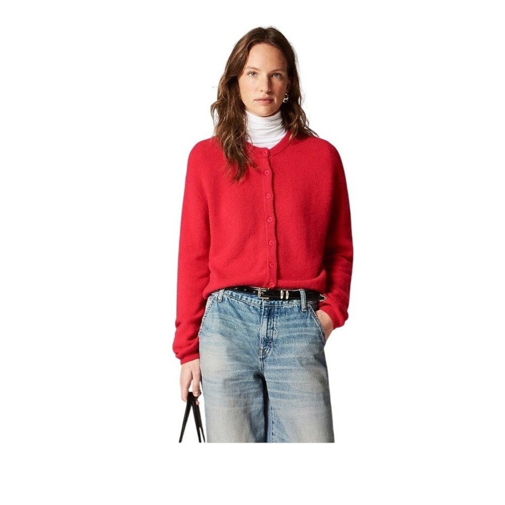 J. Crew‎ Supersoft Bubble-Hem Cardigan Sweater Cherry Red Knit XL